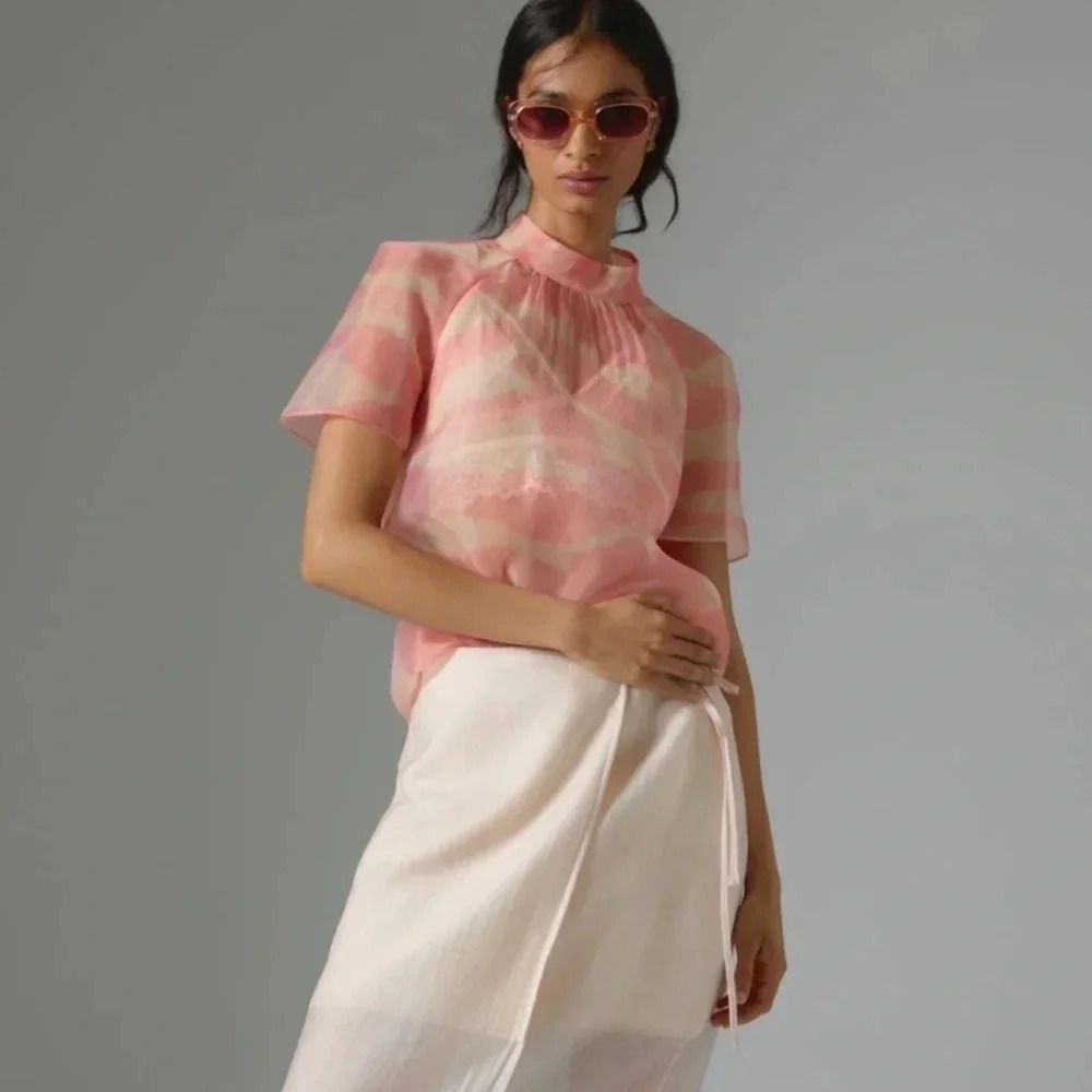 Danielrainn Mock-Neck Short-Sleeve Blouse sheer feminine girlhood core